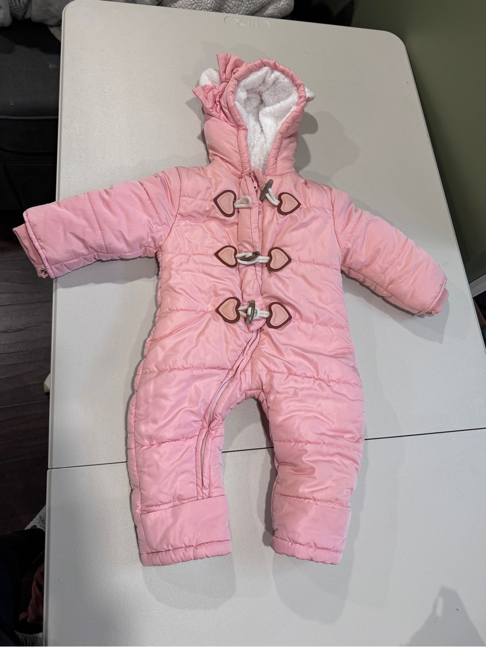 Baby Pink Hooded Puffer Snowsuit with Heart Toggles 18-24mo